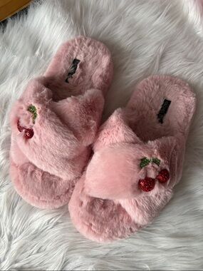 Rachel Pink Fuzzy Cherry Slide Slippers